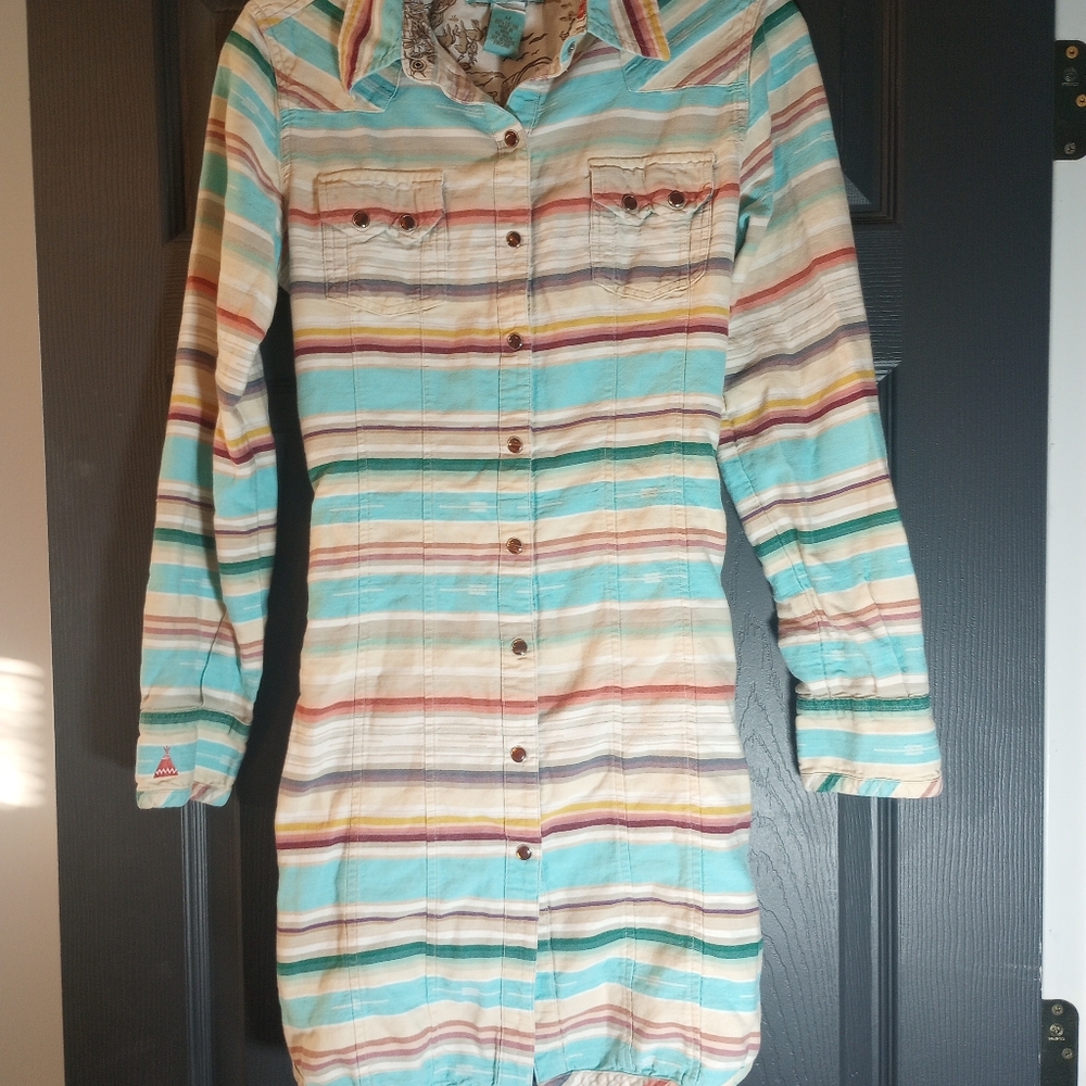Tasha Polizzi Southwest Colt 44 Serape Dress Tunic Shirt Button Front Duster EUC
